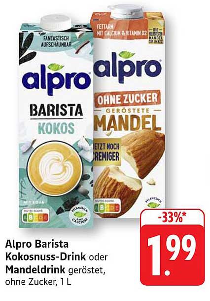 Alpro Barista Kokosnuss-Drink oder Mandeldrink, 1 L