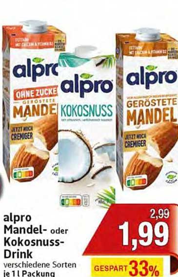 alpro Mandel- oder Kokosnuss-Drink 1 L Packung