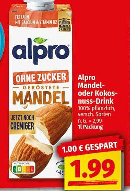 Alpro Mandel- oder Kokosnuss-Drink - 1l Packung ohne Zucker