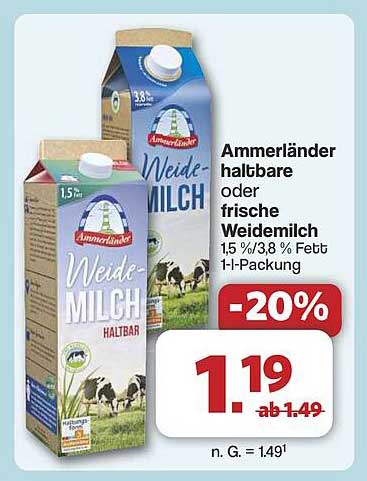 Ammerländer haltbare oder frische Weidemilch 1,5 %/3,8 % Fett 1l-Packung
