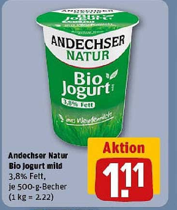 Andechser Natur Bio Jogurt mild 3,8% Fett, 500 g-Becher