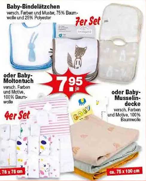 Baby-Bindelätzchen, Baby-Moltontuch oder Baby-Musselindecke - 7er Set