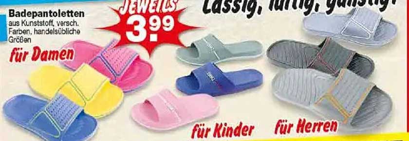 Badepantoletten aus Kunststoff, verschiedene Farben, handelsübliche Größen für 3,99 €