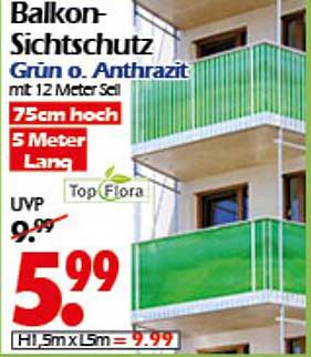 Balkon-Sichtschutz Grün o. Anthrazit 75cm hoch, 5 Meter lang