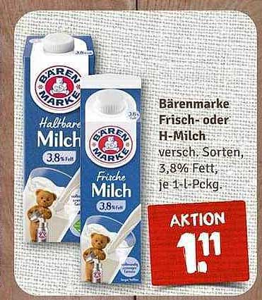 Bärenmarke Frisch- oder H-Milch 3,8% Fett, 1-L-Pckg