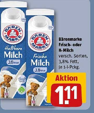 Bärenmarke Frisch- oder H-Milch 3,8% Fett, je 1-Liter-Packung