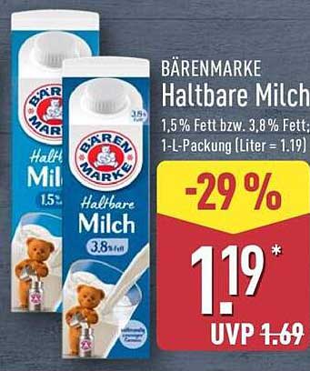 Bärenmarke Haltbare Milch 1,5 % Fett bzw. 3,8 % Fett – 1-L-Packung
