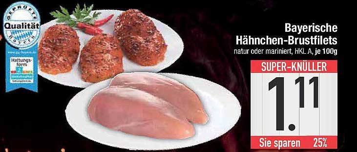 Bayerische Hähnchen-Brustfilets natur oder mariniert, HKL A je 100g