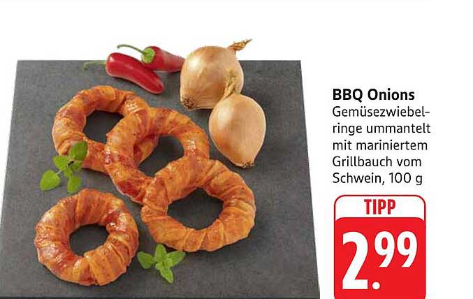 BBQ Onions - Gemüsezwiebelringe ummantelt mit mariniertem Grillbauch vom Schwein, 100 g