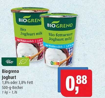 Biogreno Joghurt 1,8% oder 3,8% Fett 500-g-Becher