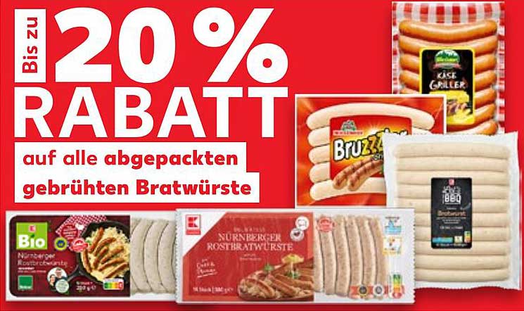 Bis zu 20% Rabatt auf alle abgepackten gebrühten Bratwürste