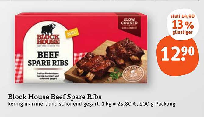 Block House Beef Spare Ribs, kernig mariniert und schonend gegart, 500 g