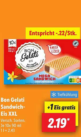 Bon Gelati Sandwich-Eis XXL 450g - 10 Stück