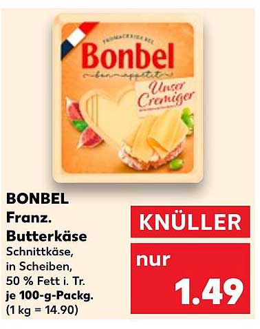 BONBEL Franz. Butterkäse Schnittkäse in Scheiben, 50 % Fett i. Tr. je 100-g-Pack.