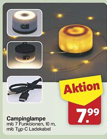 Campinglampe mit 7 Funktionen, 10 m, mit Typ-C Ladekabel