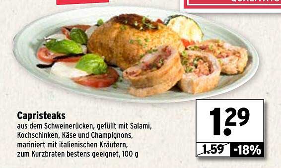Capristeaks aus dem Schweinerücken, gefüllt mit Salami, Kochschinken, Käse und Champignons