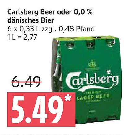 Carlsberg Beer oder 0,0 % dänisches Bier 6 x 0,33 L zzgl. 0,48 Pfand