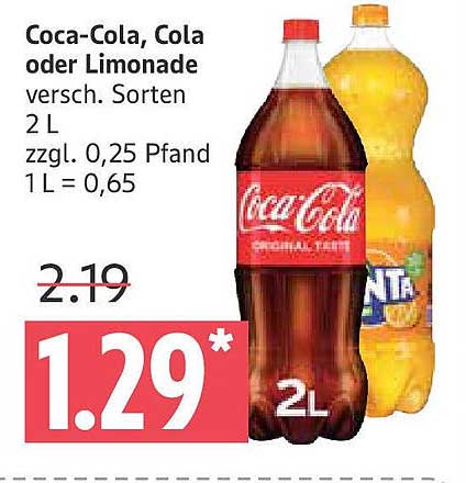 Coca-Cola, Cola oder Limonade 2L für nur 1,29€