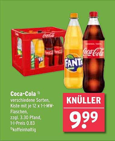 Coca-Cola verschiedene Sorten, Kiste mit je 12 x 1-Liter-MW-Flaschen