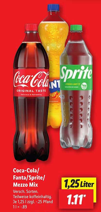 Coca-Cola/Fanta/Sprite/Mezzo Mix - 1,25 Liter für nur 1,11 €