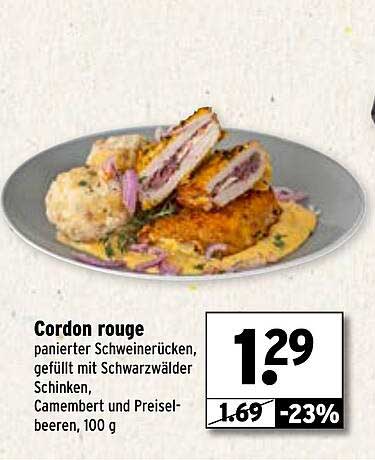 Cordon rouge - Panierter Schweinerücken mit Schwarzwälder Schinken, Camembert und Preiselbeeren, 100 g