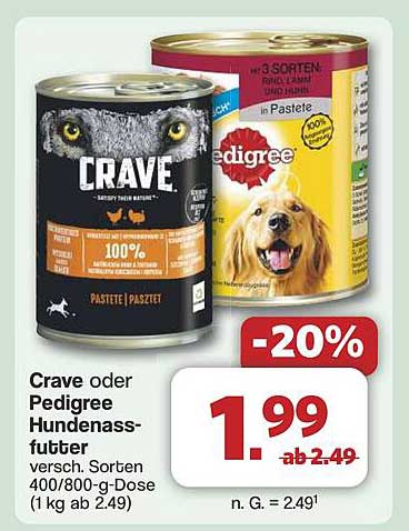 Crave oder Pedigree Hundenassfutter - 20% Rabatt