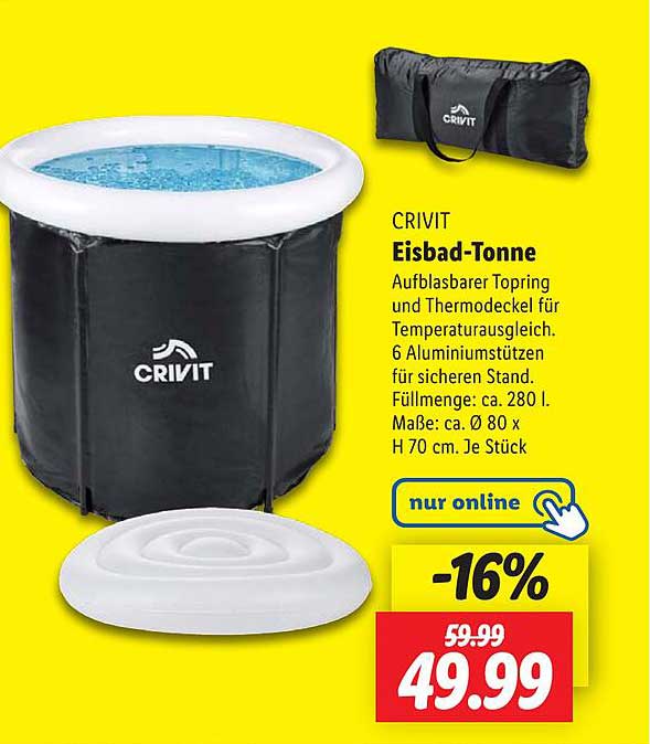 CRIVIT Eisbad-Tonne - Aufblasbarer Topring und Thermodeckel für Temperaturausgleich
