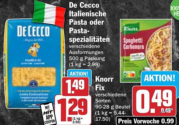 De Cecco Italienische Pasta oder Pasta-Spezialitäten 500 g Packung