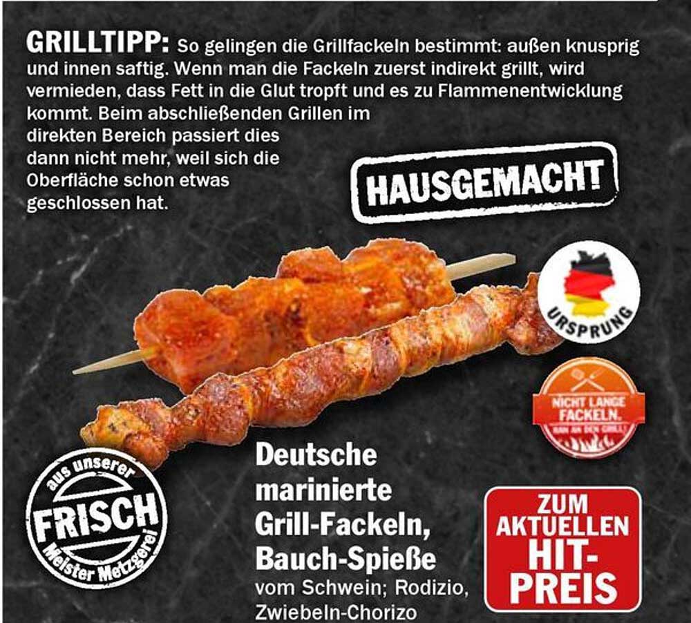 Deutsche marinierte Grill-Fackeln, Bauch-Spieße vom Schwein; Rodizio, Zwiebeln-Chorizo