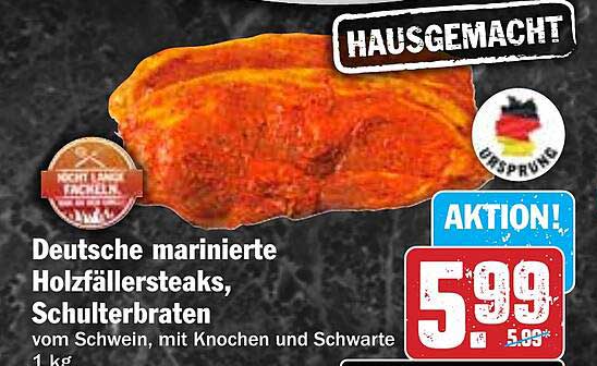Deutsche marinierte Holzfällersteaks, Schulterbraten vom Schwein, mit Knochen und Schwarte 1 kg