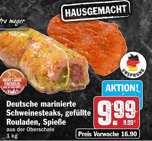 Deutsche marinierte Schweinesteaks, gefüllte Rouladen, Spieße aus der Oberschale 1 kg