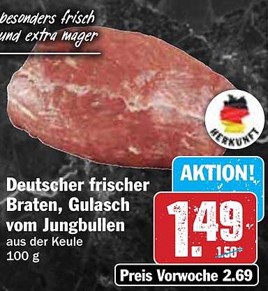 Deutscher frischer Braten, Gulasch vom Jungbullen aus der Keule