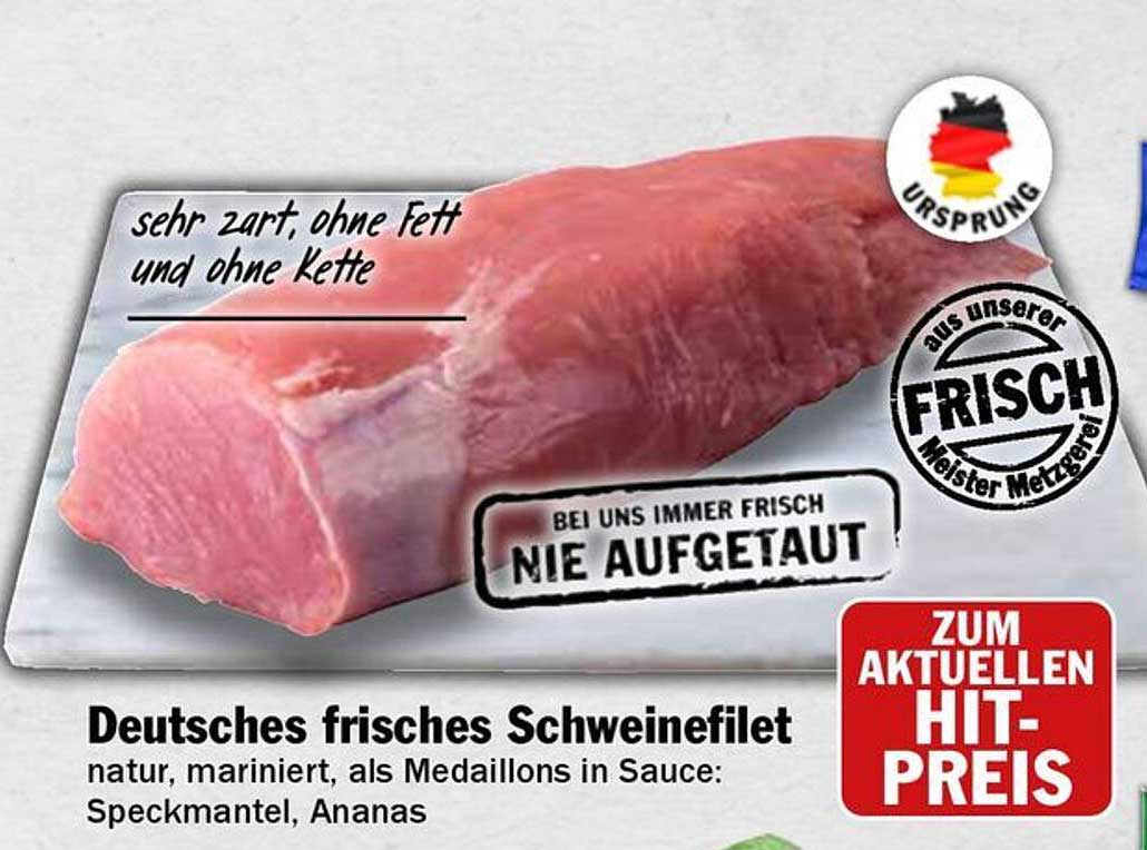 Deutsches frisches Schweinefilet, natur, mariniert, als Medaillons in Sauce: Speckmantel, Ananas