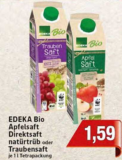 EDEKA Bio Apfelsaft Direktsaft naturtrüb oder Traubensaft je 1l Tetrapackung