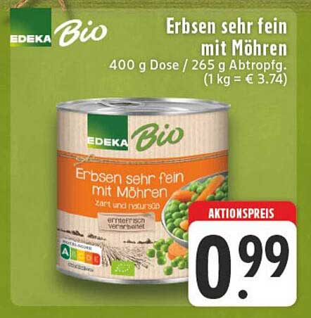 EDEKA Bio Erbsen sehr fein mit Möhren 400 g Dose