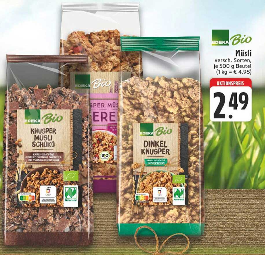 EDEKA Bio Müsli – Verschiedene Sorten 500 g Beutel für nur 2,49 €