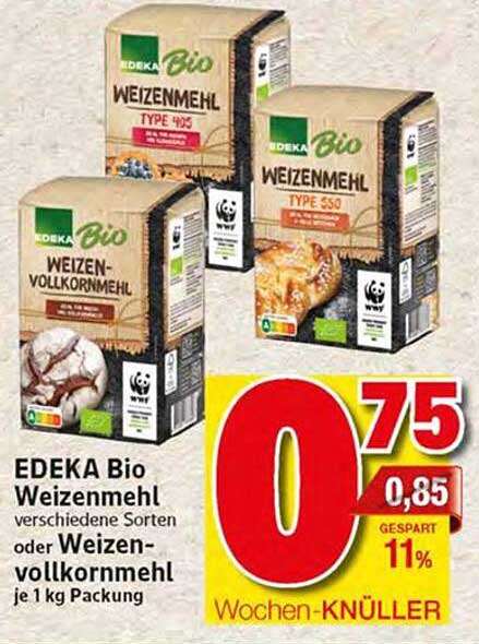 EDEKA Bio Weizenmehl verschiedene Sorten oder Weizenvollkornmehl je 1 kg Packung