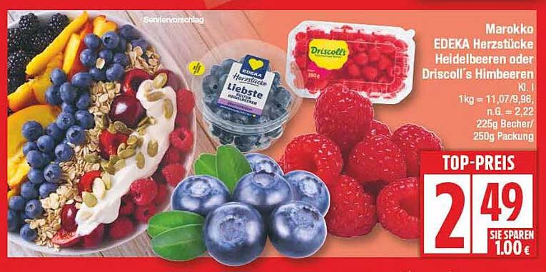 EDEKA Herzstücke Heidelbeeren oder Driscoll's Himbeeren 225g Packung