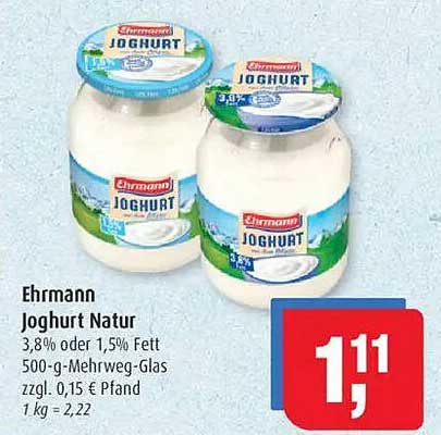 Ehrmann Joghurt Natur 3,8% oder 1,5% Fett - 500-g-Mehrweg-Glas
