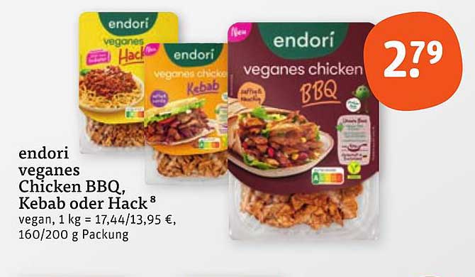 endori veganes Chicken BBQ, Kebab oder Hack