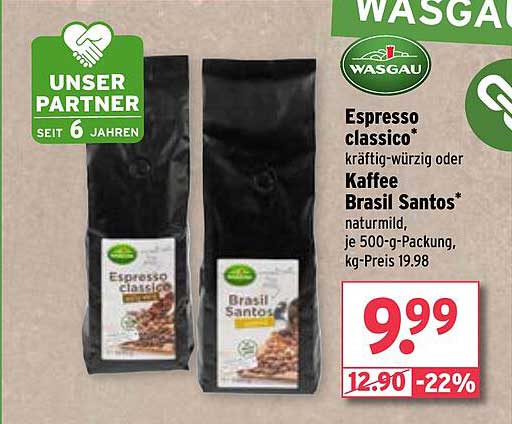 Espresso classico® oder Kaffee Brasil Santos® – je 500-g-Packung