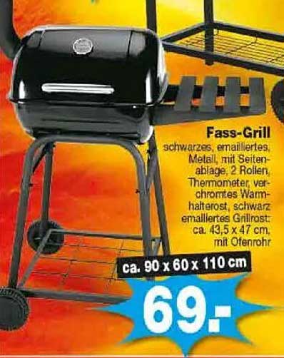 Fass-Grill schwarz mit Thermometer und Seitenablage