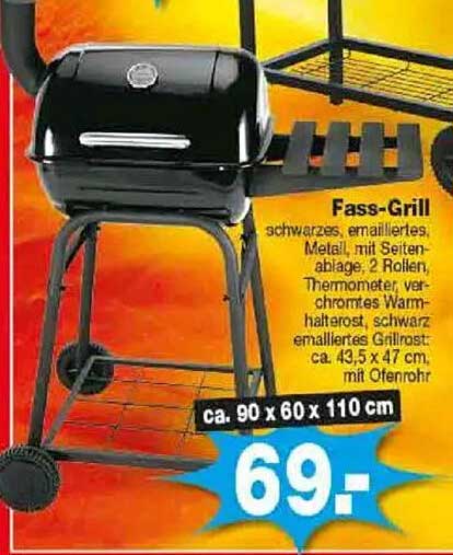 Fass-Grill schwarzes, emailliertes Metall mit Thermometer