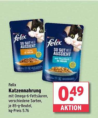 Felix Katzennahrung mit Omega-6-Fettsäuren, verschiedene Sorten, je 85-g-Beutel
