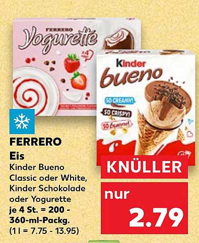 Ferrero Eis Kinder Bueno Classic oder White, Kinder Schokolade oder Yogurette