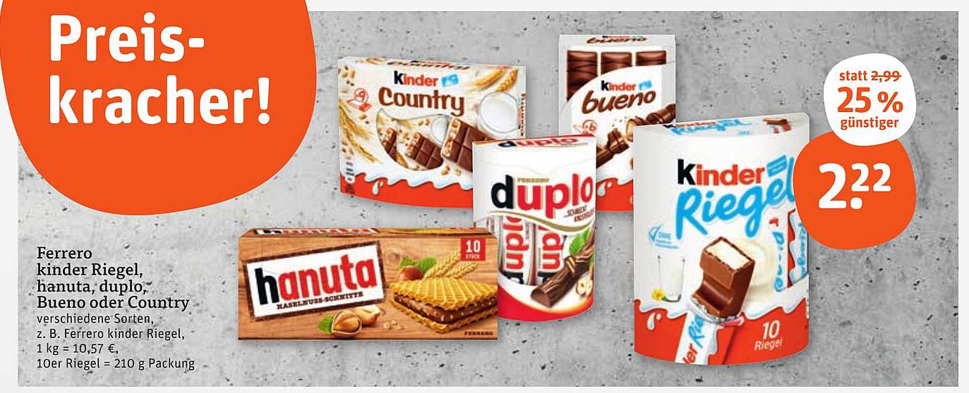 Ferrero Kinder Riegel, Hanuta, Duplo, Bueno oder Country – verschiedene Sorten