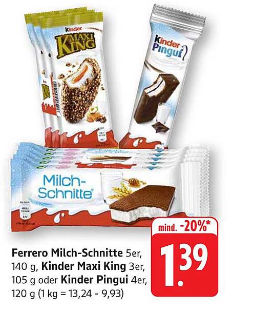 Ferrero Milch-Schnitte 5er, 140 g, Kinder Maxi King 3er, 105 g oder Kinder Pingui 4er, 120 g