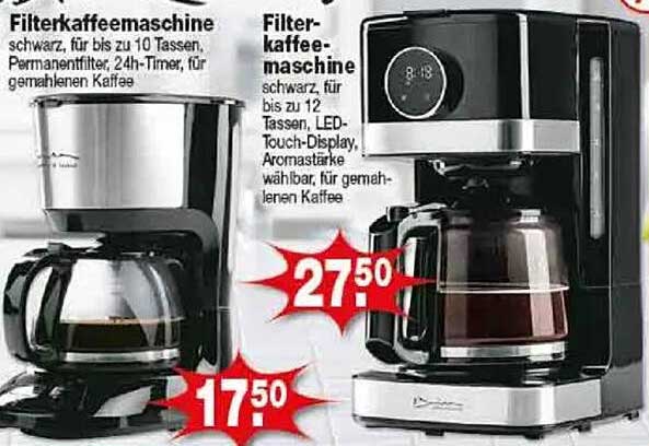 Filterkaffeemaschine schwarz, für bis zu 10 Tassen, Permanentfilter, 24h-Timer, für gemahlenen Kaffee