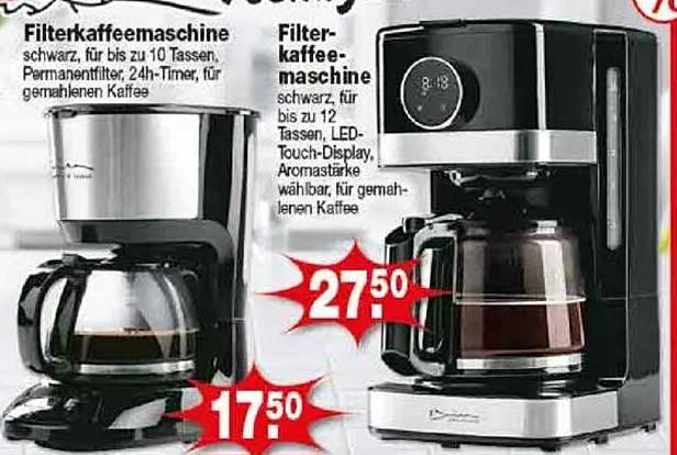Filterkaffeemaschine schwarz, für bis zu 12 Tassen, LED-Touch-Display, Aromastärke wählbar, für gemahlenen Kaffee
