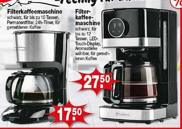 Filterkaffeemaschine schwarz, für bis zu 12 Tassen, LED-Touch-Display, Aromastärke wählbar, für gemahlenen Kaffee